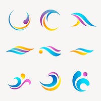 Sea wave logo element clipart, colorful gradient design psd set