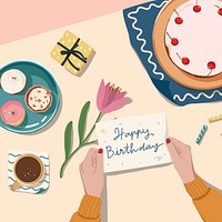 Birthday card, cakes and flower, celebration illustration design