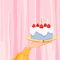 Hand holding birthday cake, food illustration design