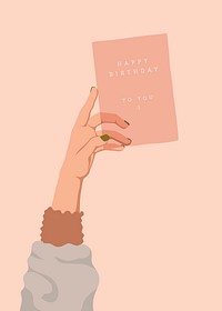 Birthday card, held by woman, celebration illustration design vector
