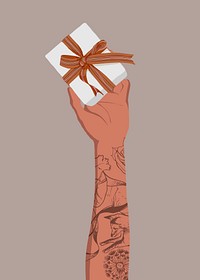 Tattooed hand holding white gift box, festive illustration design