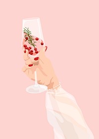 Cranberry rosemary prosecco in hand, drink illustration design