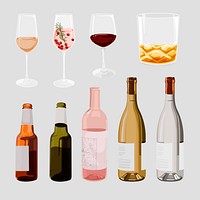 Alcoholic drink sticker, bottle and glass set, beverage illustration design psd