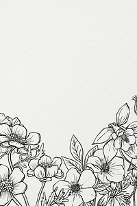 Floral hand drawn background, minimal line art in black and white border