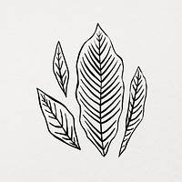 Hand drawn leaf sticker, minimal black and white line art design psd