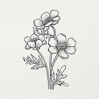 Hand drawn flower sticker, black and white design psd