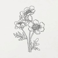Hand drawn flower sticker, minimal black and white line art design vector