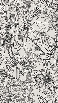 Aesthetic flower mobile wallpaper, hand drawn line art design in black and white