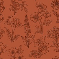 Line art seamless floral pattern, brown aesthetic graphic design psd