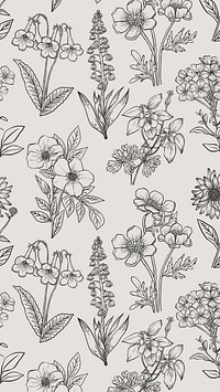 Floral mobile wallpaper, hand drawn line art design in black and white