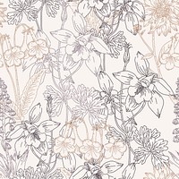 Line art seamless floral pattern, neutral color aesthetic graphic design vector