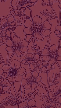 Aesthetic floral mobile wallpaper, hand drawn line art design in burgundy