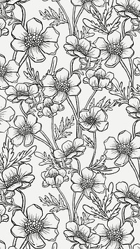 Aesthetic flower iPhone wallpaper, hand drawn line art design in black and white