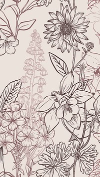 Aesthetic floral phone wallpaper, hand drawn line art design in neutral color