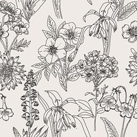Seamless hand drawn flower background, nature pattern illustration, paintable line art vector