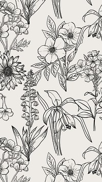 Aesthetic flower mobile wallpaper, hand drawn line art design in black and white