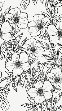 Aesthetic floral mobile wallpaper, hand drawn line art design in black and white