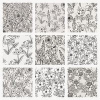 Seamless floral background, aesthetic minimal hand drawn pattern design collection psd