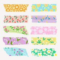 Washi tape floral collage element, colorful gingham background design set vector