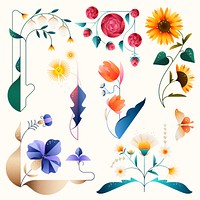 Colorful flat floral design stickers psd set