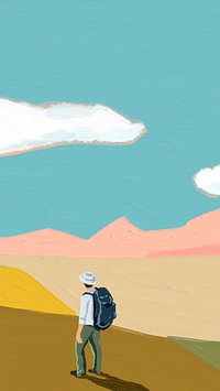 Hiker on mountain mobile wallpaper, paint brush illustration design