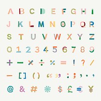 Patterned English alphabets, numbers, and signs set, colorful typography vector