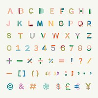 Patterned English alphabets, numbers, and signs set, colorful typography psd