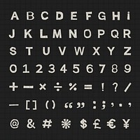 Paper texture English alphabets, numbers, and symbols set, typography vector