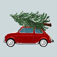 Classic red car hauling Christmas tree psd