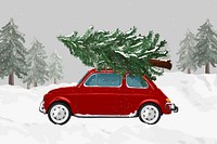 Classic red car hauling Christmas tree vector