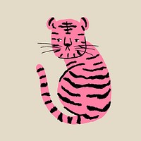 Tiger doodle sticker, pink animal in retro design vector