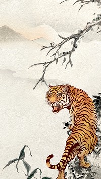 Roaring tiger mobile wallpaper, Chinese horoscope animal HD background, remixed from artworks by Ohara Koson