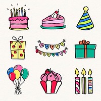 Birthday party stickers, festive doodle set vector