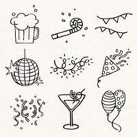 New year celebration sticker, festive doodle set psd