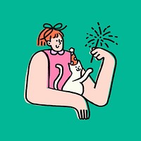 Woman holding sparkler, new year celebration doodle clipart vector