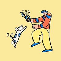 Man holding part popper, festive doodle with cute dog vector
