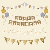 Gold happy birthday decoration sticker set grid, vector