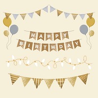 Gold happy birthday decoration sticker set grid, psd