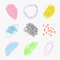 Crayon dots kids sticker, colorful hand drawn doodle design set psd