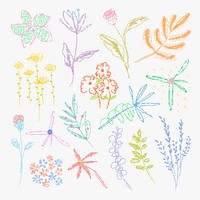 Hand drawn flower illustration, cute abstract scribble design on pastel background set psd