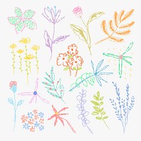 Crayon flower kids sticker, colorful hand drawn doodle design set vector