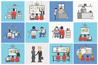 Collection of illustrated office workers in various daily situations