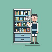 Illustration of a guy cleaning a bookshelf