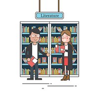 Man and woman by the bookshelves illustration