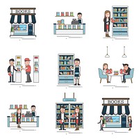 Set of library settings and people illustration