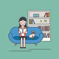 Woman with glasses reading a book on the couch illustration