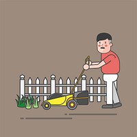 Character illustration of a man mowing the lawn