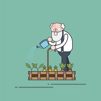 Bearded old guy watering his garden illustration