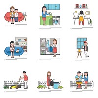 Illustration set of household people and settings
