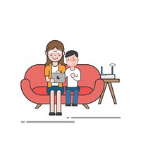 Illustration of a woman and a boy using a tablet